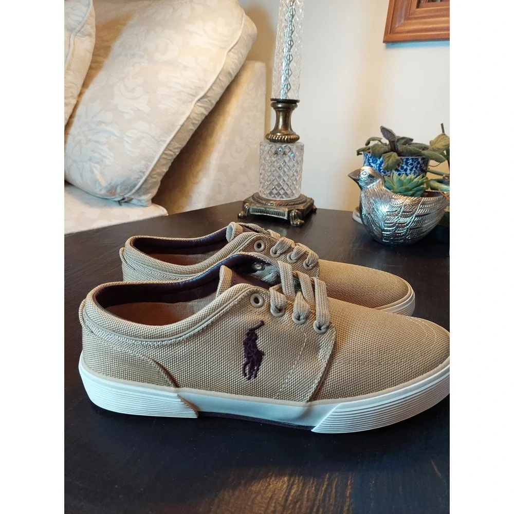 Polo Ralph Lauren Men's Faxon Low Canvas/Leather Sneaker Khaki Size 8D NEW!